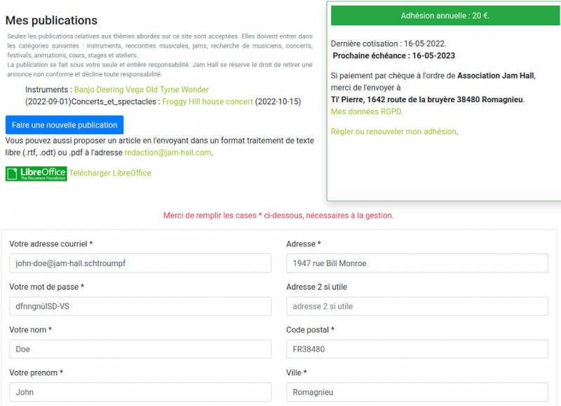 Nouvel espace adhérent sur Jam Hall - New member interface on Jam Hall.
