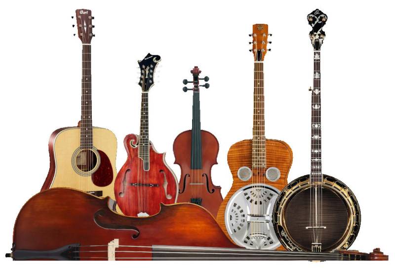 Les instruments du Bluegrass : guitare, mandoline, violon, dobro, banjo, contrebasse (ou basse électrique). The Bluegrass instruments.